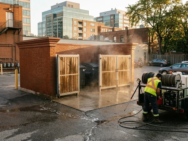 Plaza dumpster enclosure walls and gates after degreasing