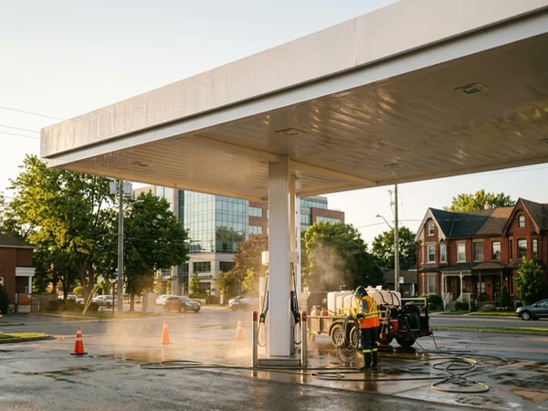 Gas station canopy after soft washing in Mississauga