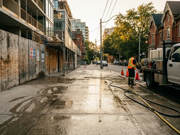 Sidewalk beside construction hoarding after a weekly wash and vac visit
