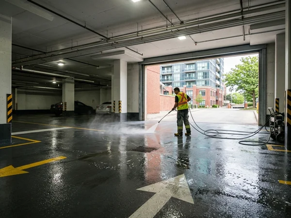 Membrane-coated garage floor after a membrane-safe wash