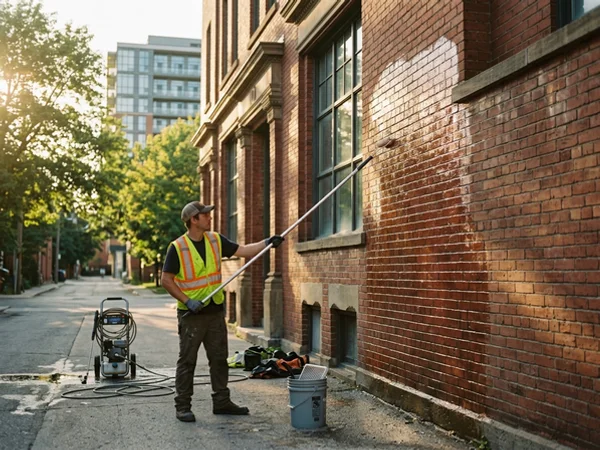Anti-graffiti coating applied to clean brick in Liberty Village