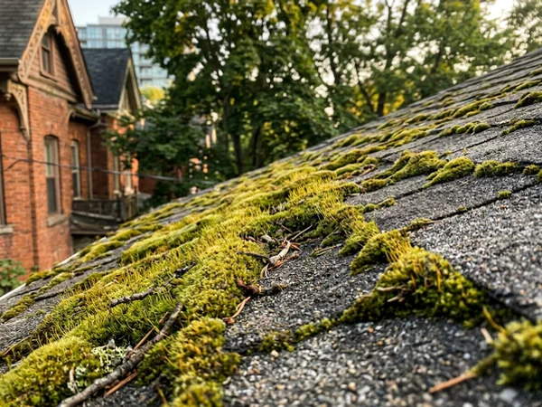 Thick moss on asphalt shingles before treatment