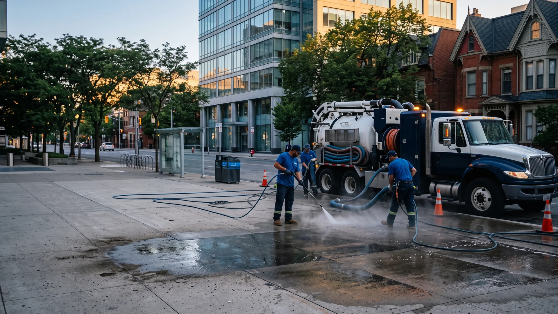 Commercial power washing crew cleaning a Toronto plaza sidewalk at dawn with a hydrovac truck recovering wash water