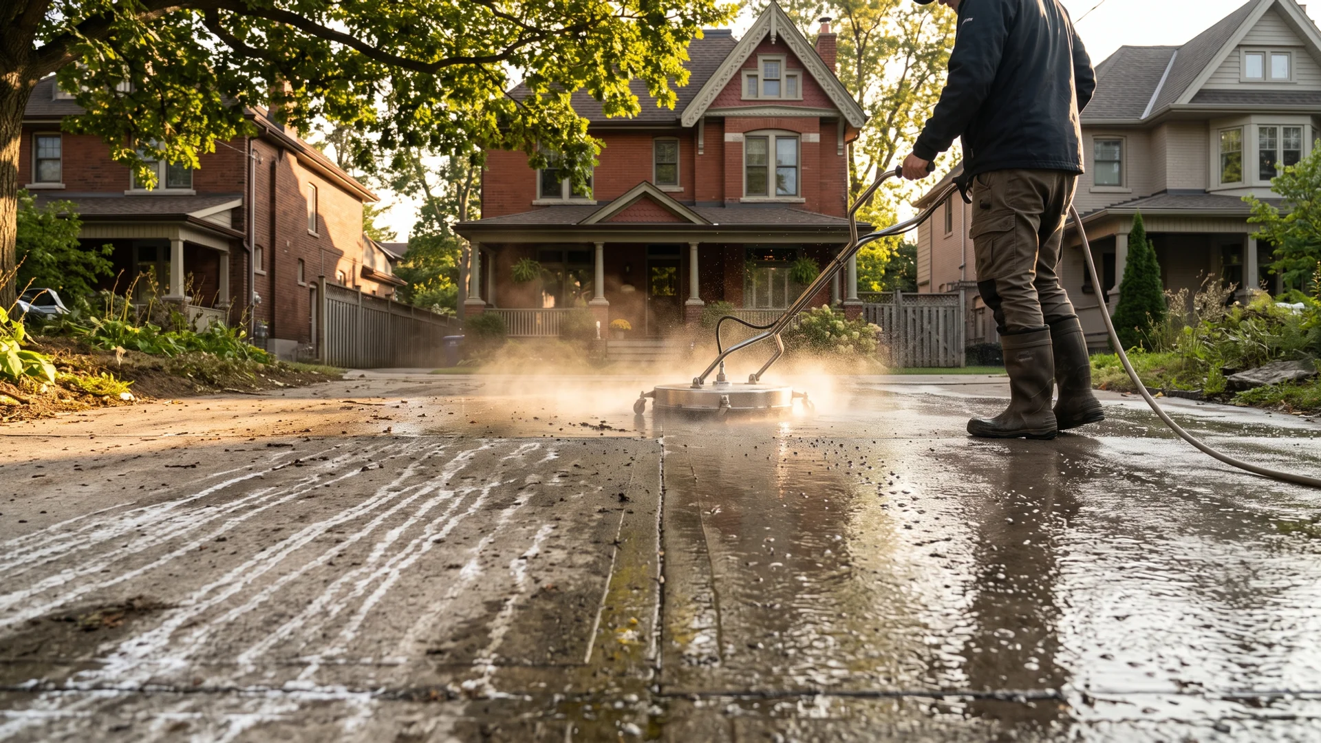Leaside concrete driveway half cleaned with a hot-water surface cleaner, salt lines on one side