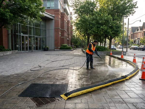 Condo entrance plaza washed with drain covers and containment in place