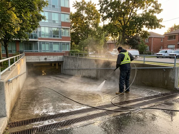 Willowdale condo garage ramp after salt removal