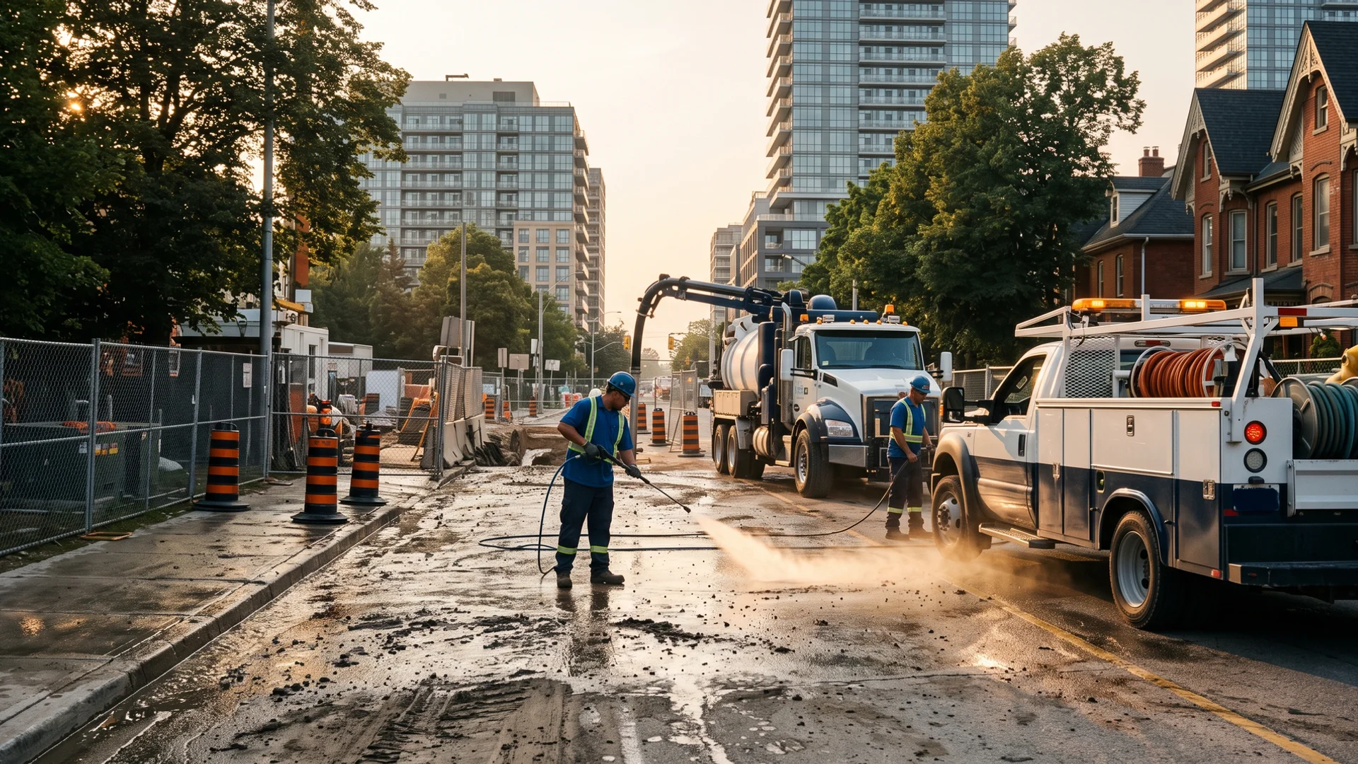 Crew washing tracked mud off a road at a Vaughan construction entrance while the hydrovac vacuums slurry