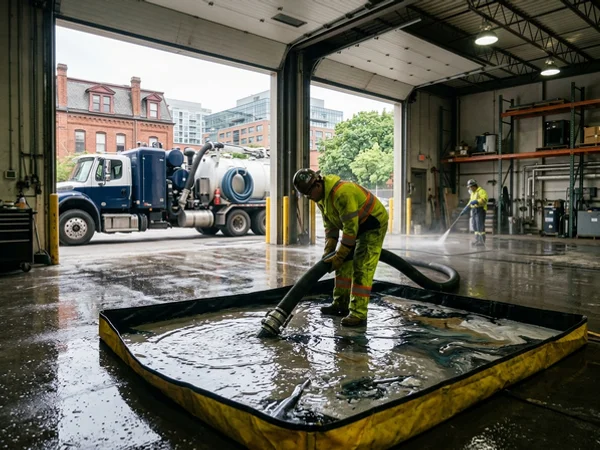 Containment berm and hydrovac inside a warehouse during shutdown