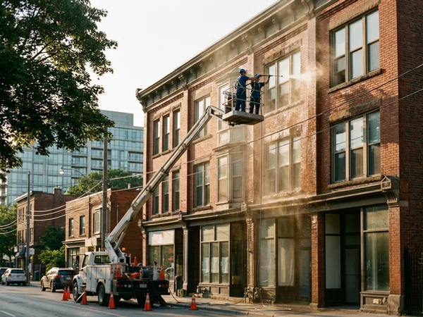Crew cleaning upper-storey brick from an aerial lift