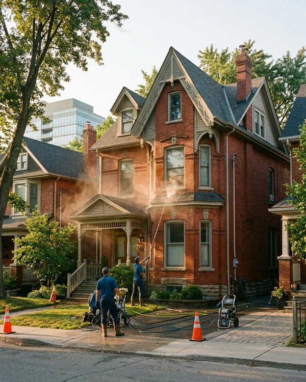 Crew soft washing a Victorian brick home in The Annex