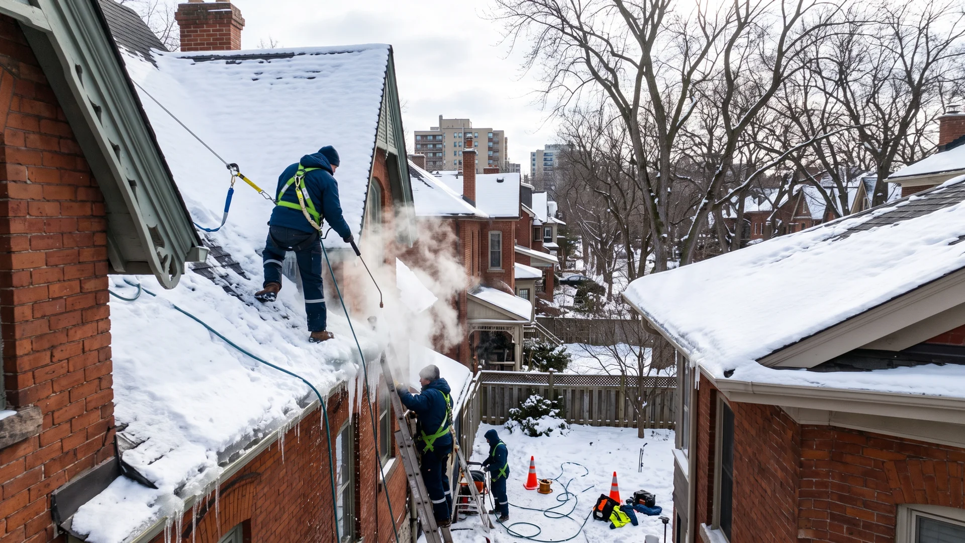 Crew in fall-arrest gear steaming an ice dam along the eaves of a snowy Toronto house