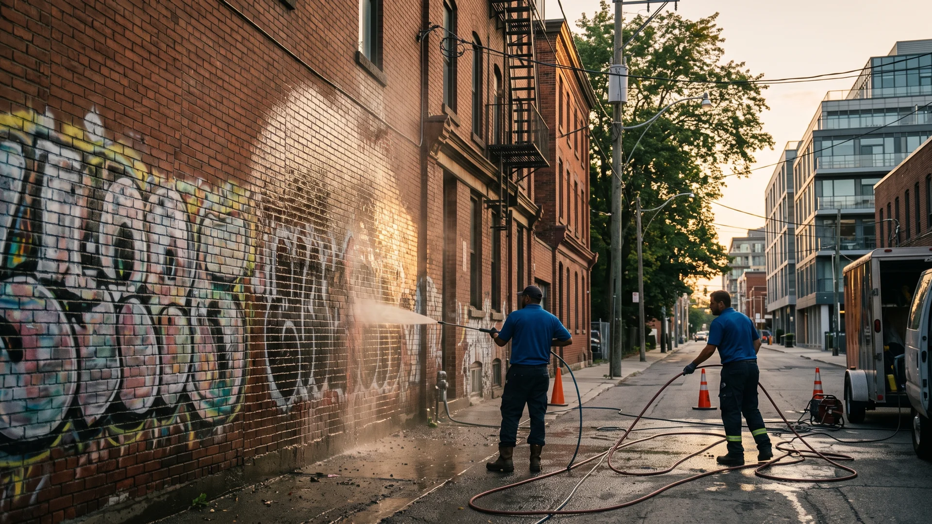 Crew removing a large graffiti tag from an old brick wall in King West, Toronto