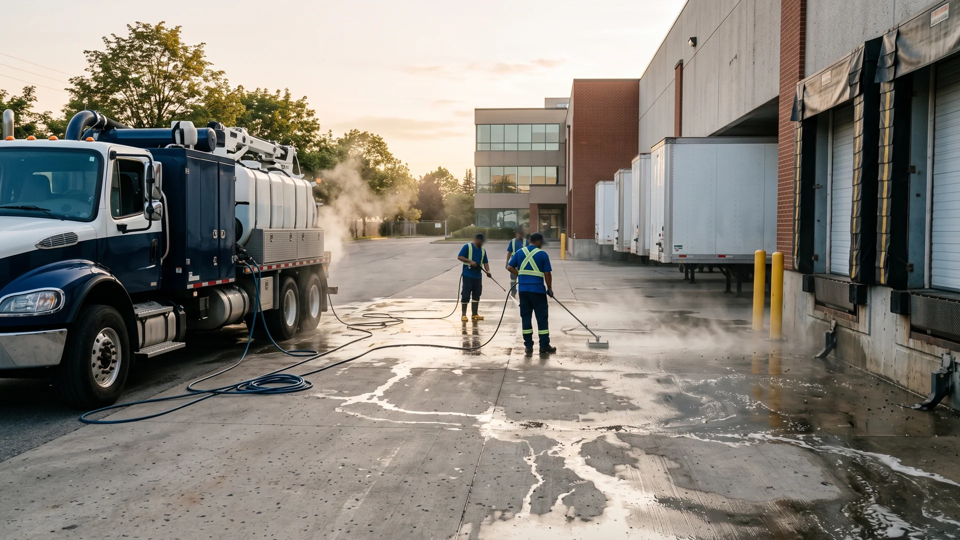 Warehouse loading dock in Concord, Vaughan being hot-water degreased with hydrovac containment