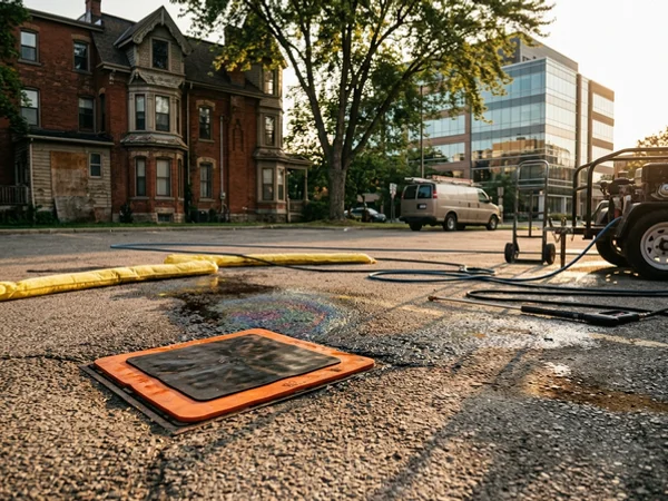 Drain cover mat placed over a catch basin beside an oil spill