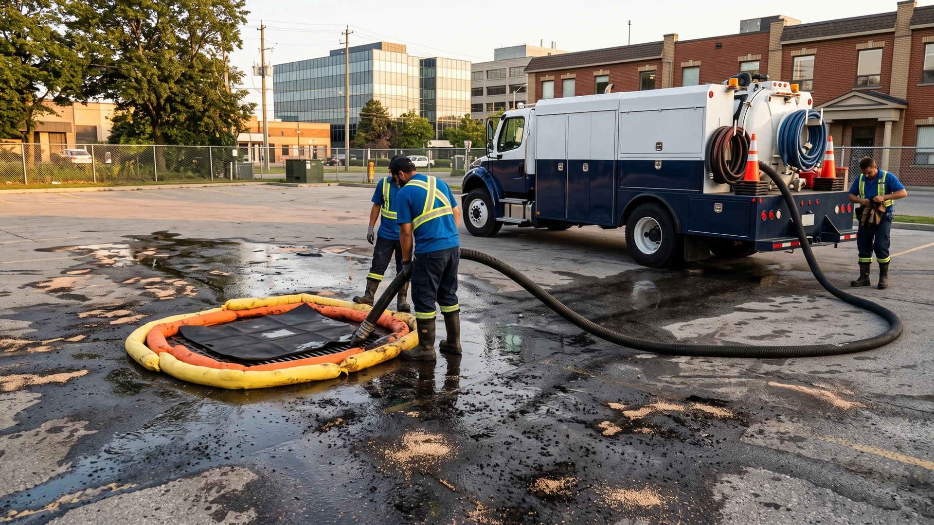 Emergency oil spill cleanup on a Mississauga parking lot with absorbent boom and hydrovac recovery