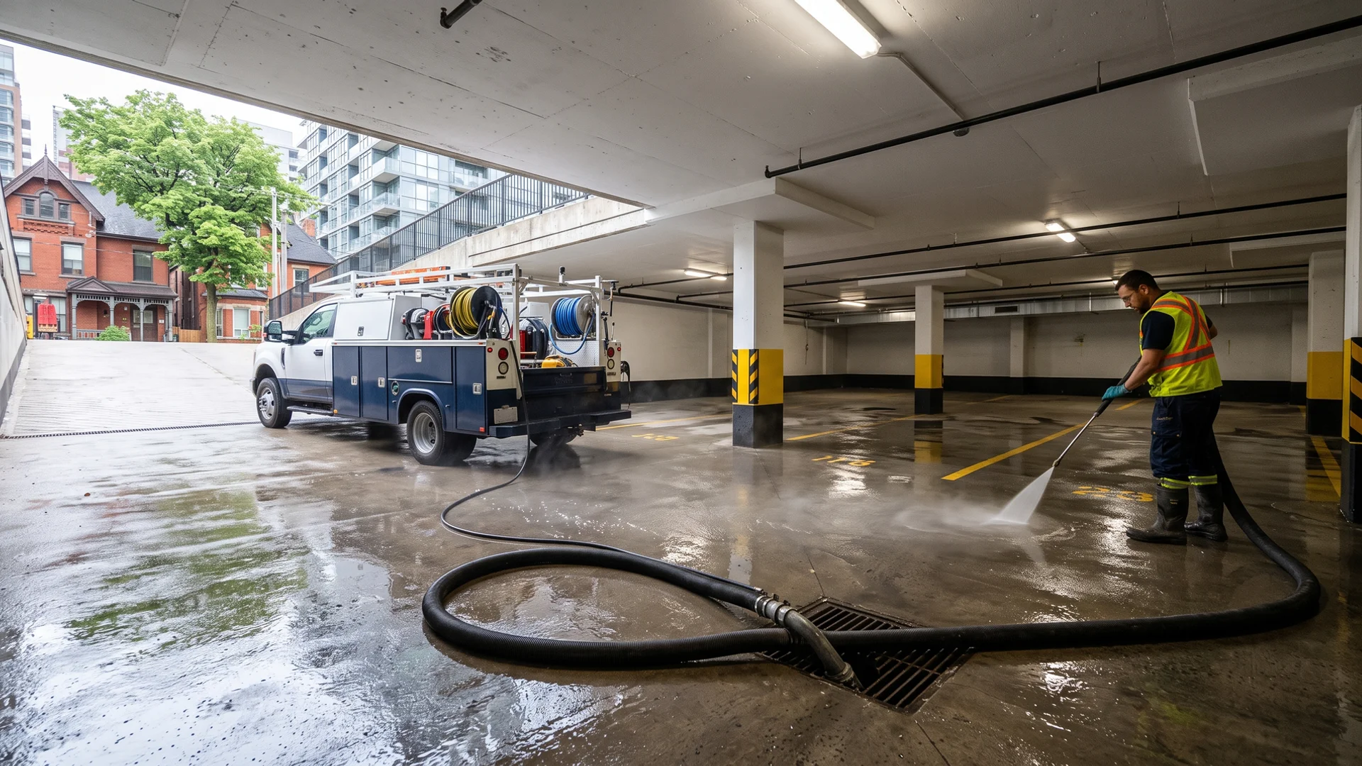 Underground condo parking garage in Toronto being hot-water washed with hydrovac recovery at the sump