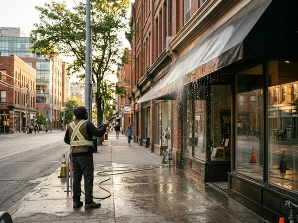 Storefront awning rinsed at low pressure on Queen Street