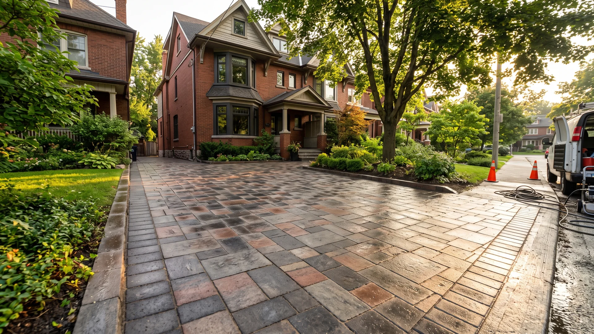 Interlock paver driveway in Leaside after cleaning, polymeric re-sanding and sealing