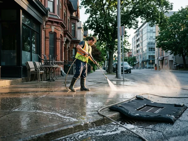 Restaurant front sidewalk cleaned at dawn with catch basin covered