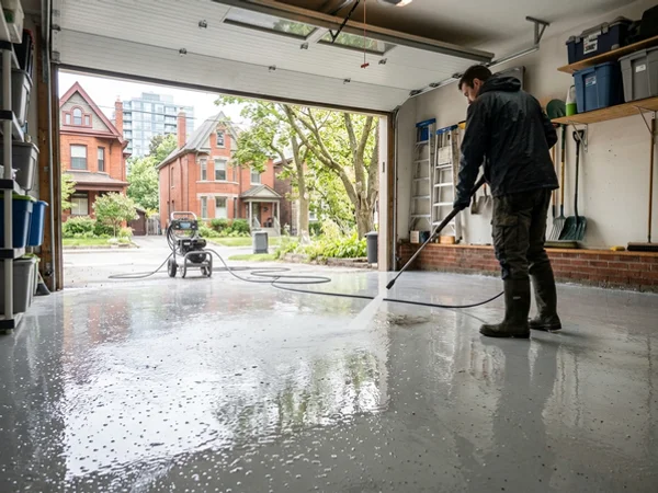 Garage floor cleaned of salt and oil