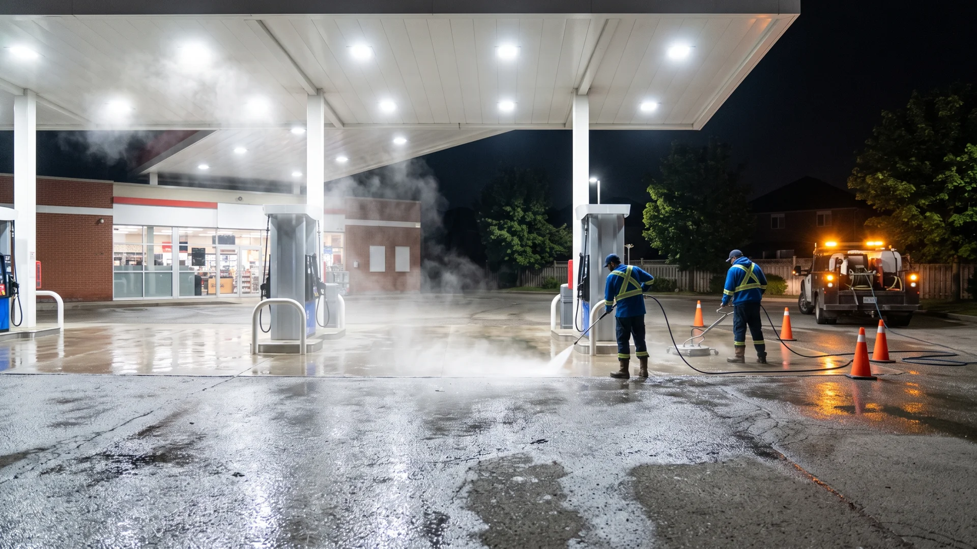 Night-time gas station forecourt washing in Brampton, one pump island at a time