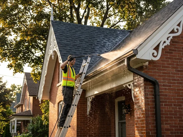Gutters rinsed after a roof soft wash in Unionville