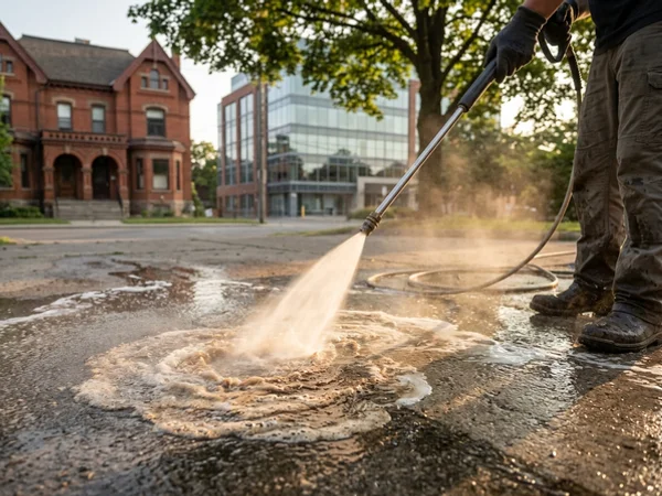 Hot water and degreaser emulsifying an oil stain on concrete