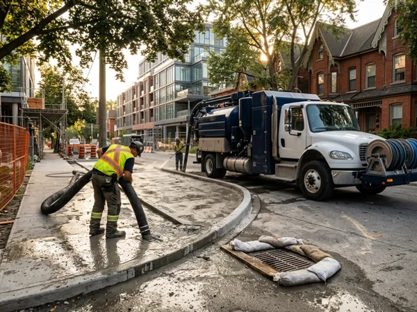 Hydrovac recovering concrete slurry at a new-build site