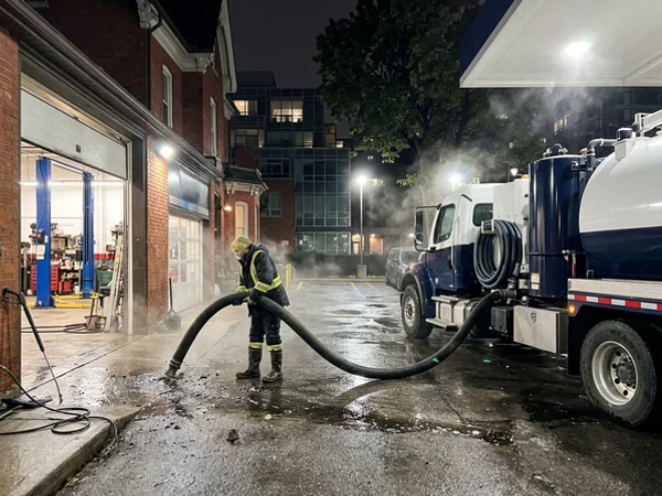 Hydrovac recovering oily wash water from a shop bay