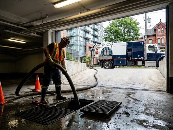 Hydrovac recovering sediment from a garage sump pit