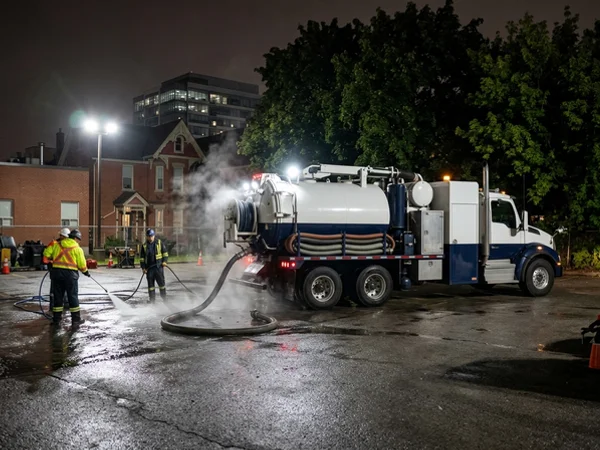 Hydrovac recovering oily wash water at night in Etobicoke