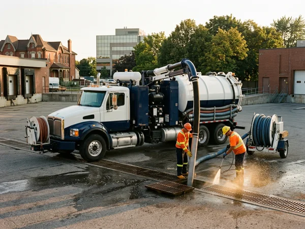 Hydrovac truck servicing catch basins in a Vaughan industrial yard
