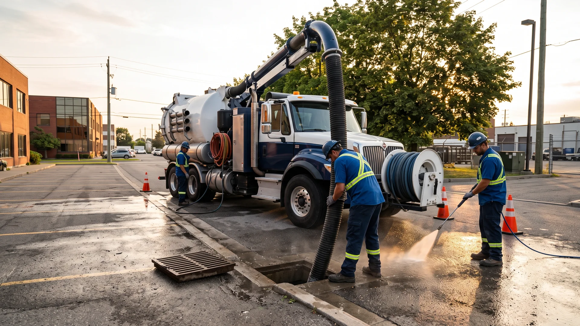 Hydrovac truck extracting sediment from a commercial catch basin in Etobicoke