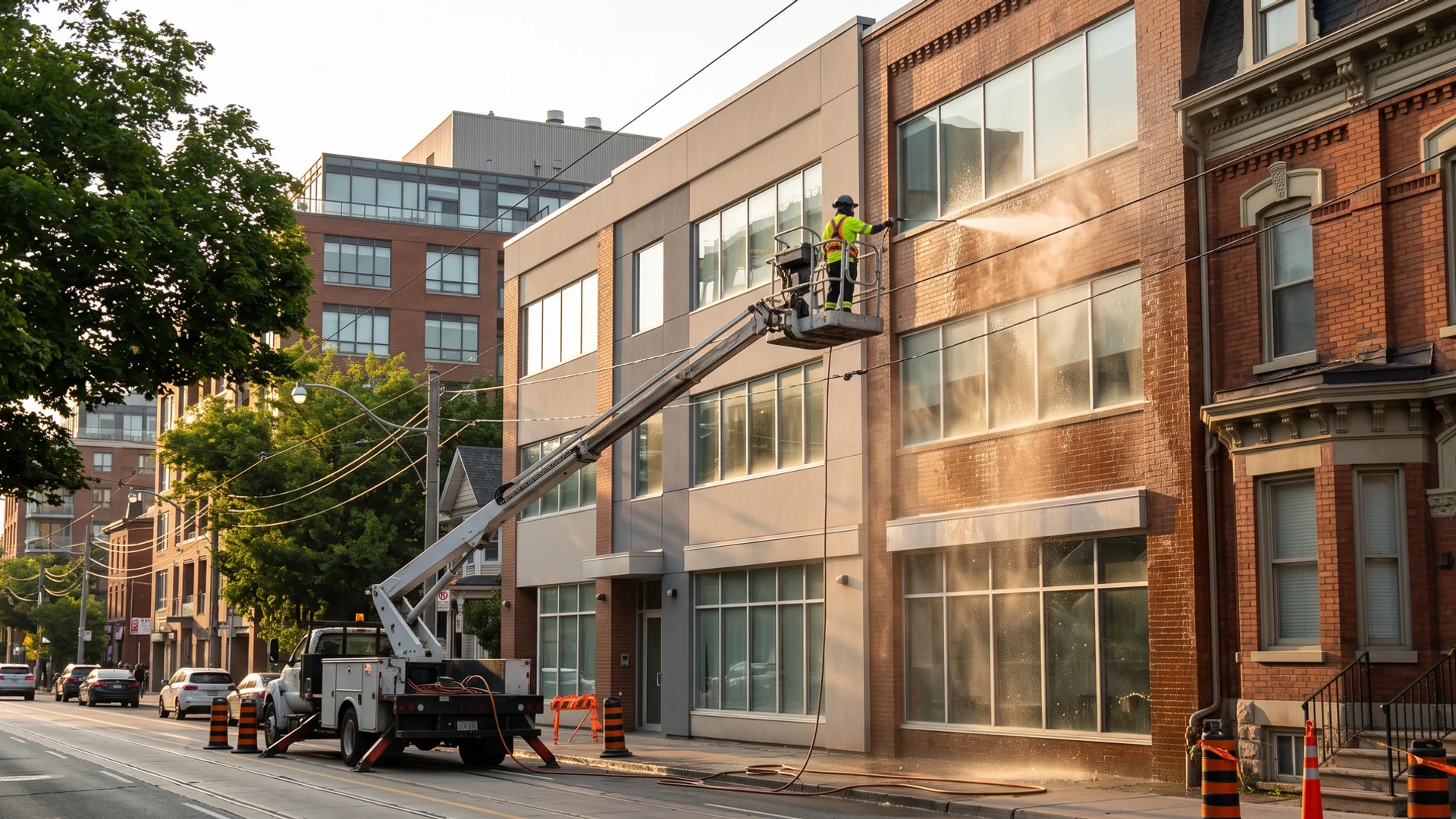 Low-rise Toronto commercial facade being soft washed from an aerial lift