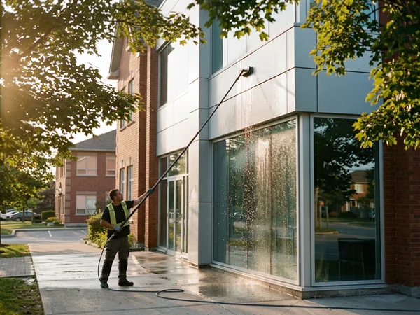 Metal panel and glass facade of a Markham office building after rinsing