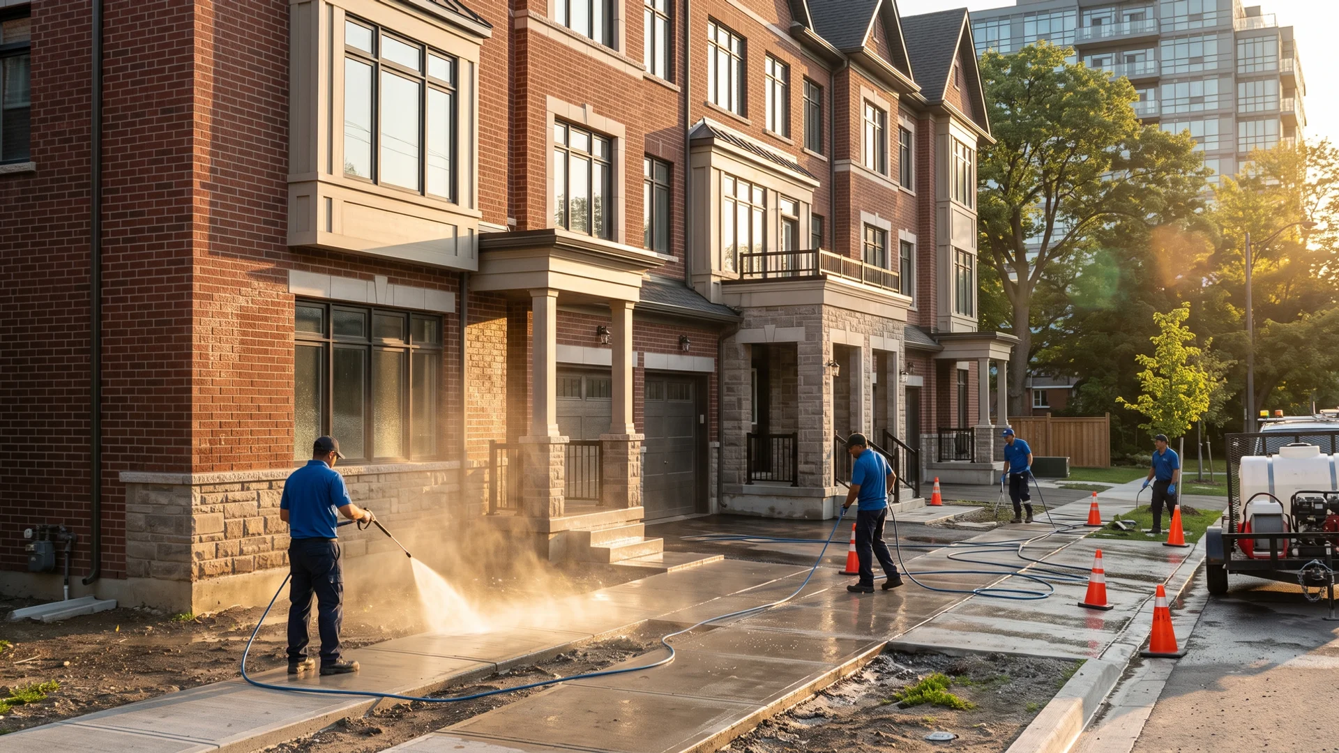 New-build townhouses in Vaughan being power washed before handover