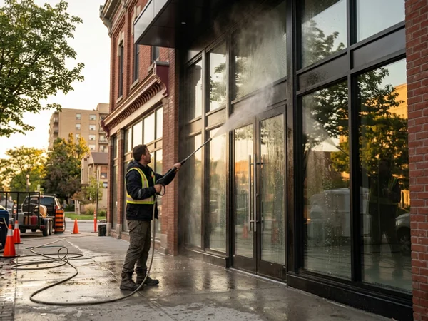 New commercial entrance glass rinsed after construction
