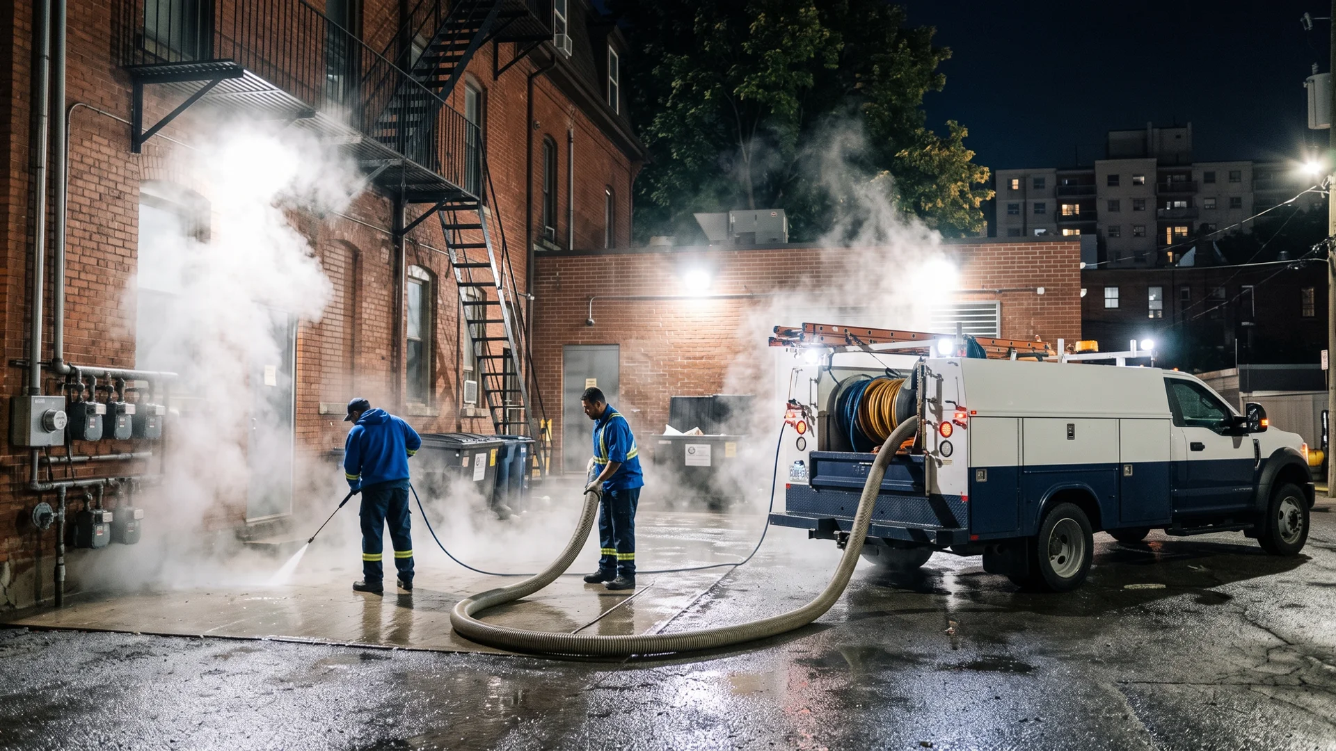Night-time hot-water power washing of a Little Italy restaurant rear pad with hydrovac recovery
