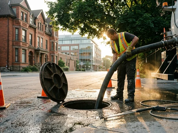 Oil and grit separator being vacuumed at a Toronto commercial site