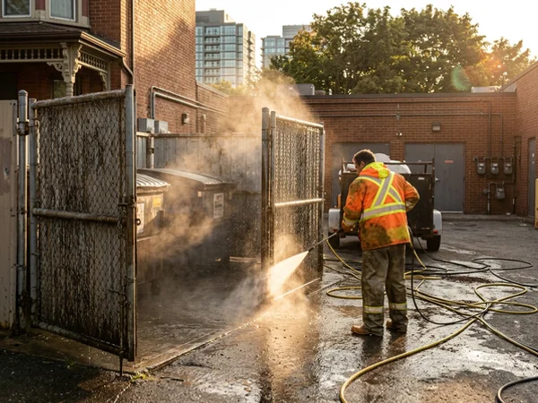 Golden Mile plaza dumpster enclosure after degreasing
