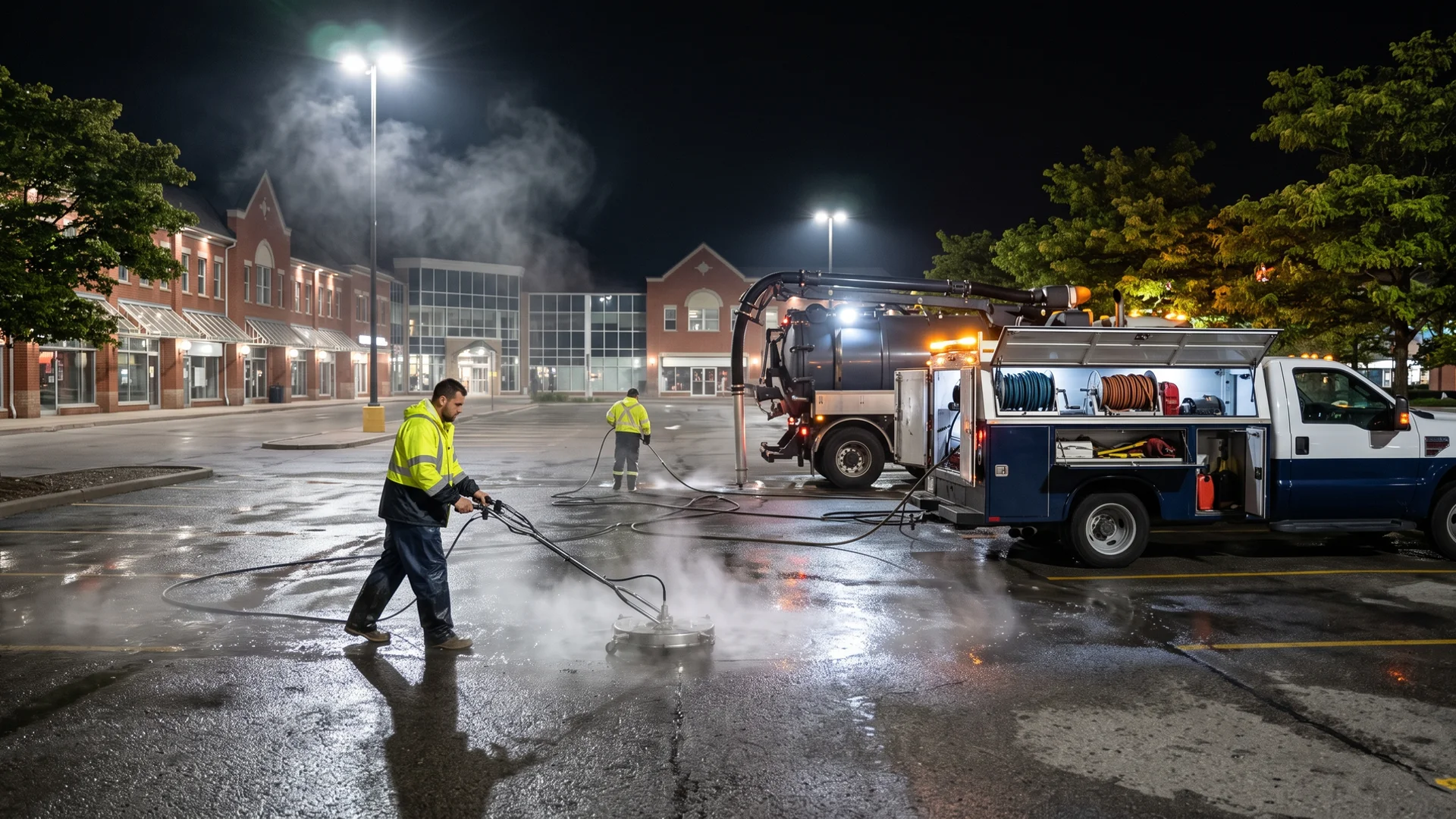 Overnight parking lot power washing in Brampton with rotary surface cleaners