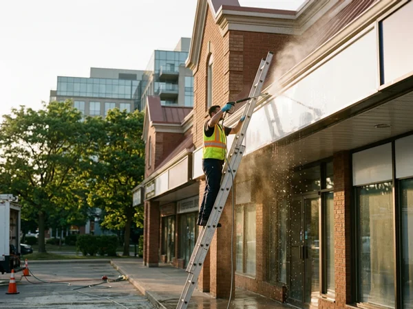Plaza canopy and sign band soft washed in Mississauga
