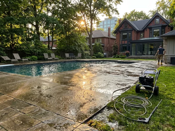 Concrete pool deck in North York after pressure washing