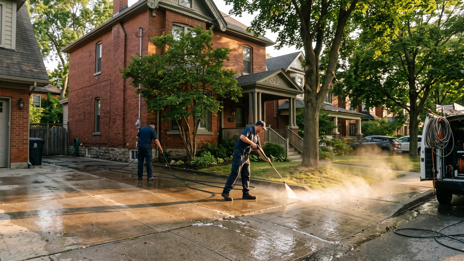 Power washing crew cleaning a driveway on a tree-lined GTA street