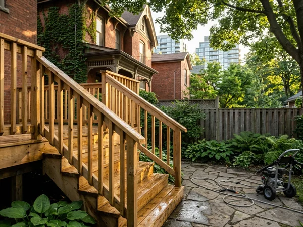 Pressure-treated deck stairs ready for stain
