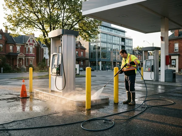 Pump island curbs and bollards cleaned at a GTA gas station