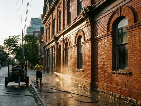 Red brick commercial facade after a controlled pressure wash