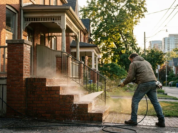 Brick front steps rinsed with a 40-degree nozzle