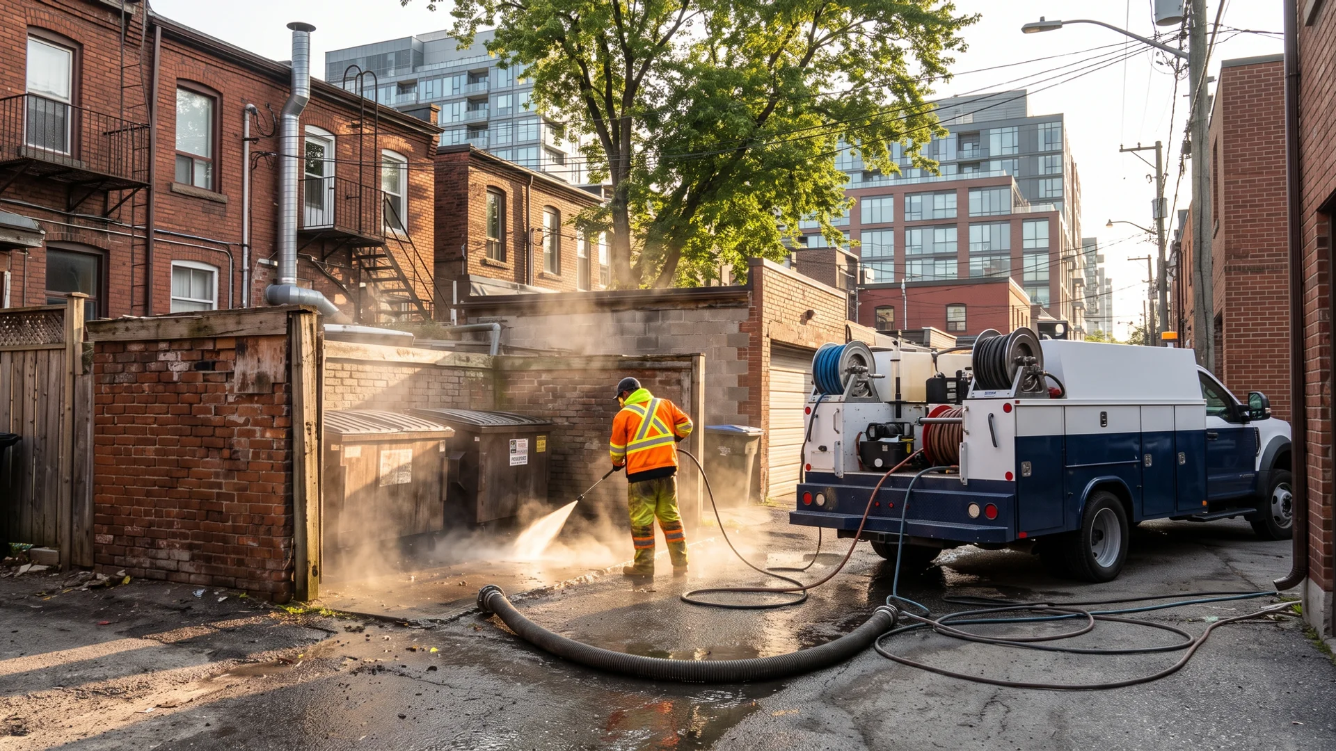 Restaurant dumpster pad behind Queen West, Toronto being hot-water degreased with hydrovac containment