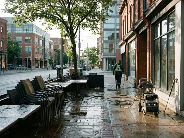 College Street restaurant patio freshly washed before opening